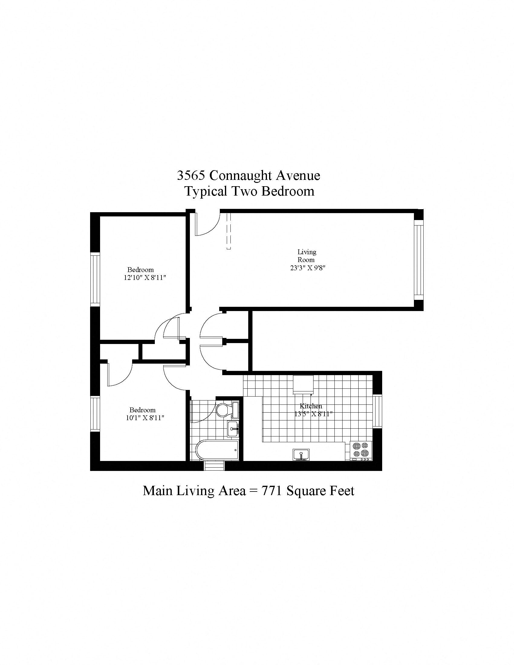 Floor plan for 2 beds, 1 bath, 771 sqft